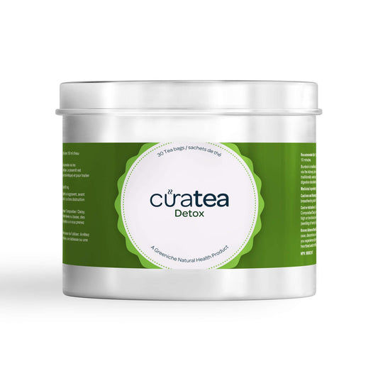 CuraTea Detox tea packaging, featuring the Detox Tea CuraTea Herbal Cleanse Blend for wellness.