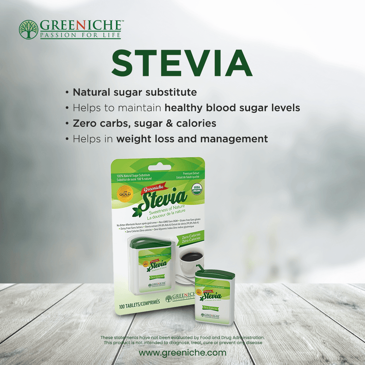 Sugar Free Sweetener – Greeniche Stevia Tablets packaging with health benefits and features highlighted.