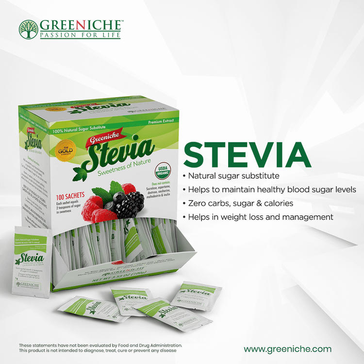 Sugar Free Sweetener – Greeniche Stevia Sachets box displaying natural sugar substitute benefits and packaging.