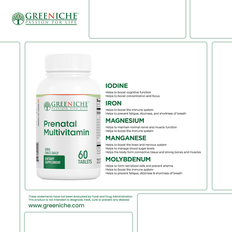 Prenatal Multivitamins bottle with 60 tablets for pregnancy and breastfeeding support, featuring essential nutrients.