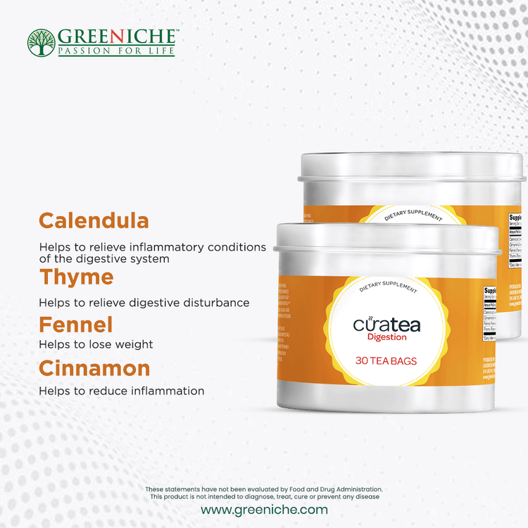 CuraTea Digestion Tea packaging with herbal ingredients for digestive support, featuring 30 tea bags.