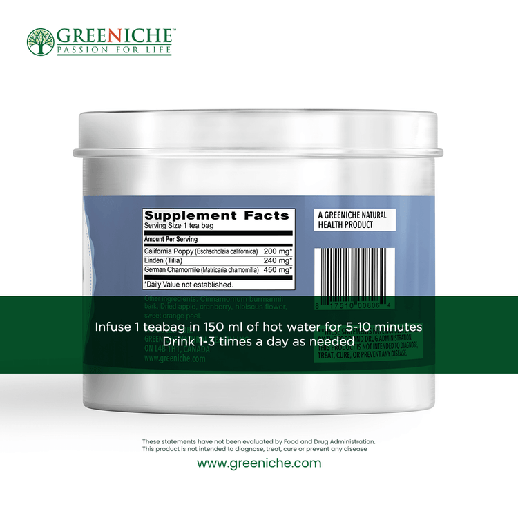 Curatea Relaxation Tea supplement facts, infuse tea bag for stress relief and better sleep.