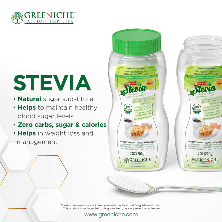 Greeniche Stevia jar, a sugar free sweetener, natural substitute with zero carbs and calories for healthy living.
