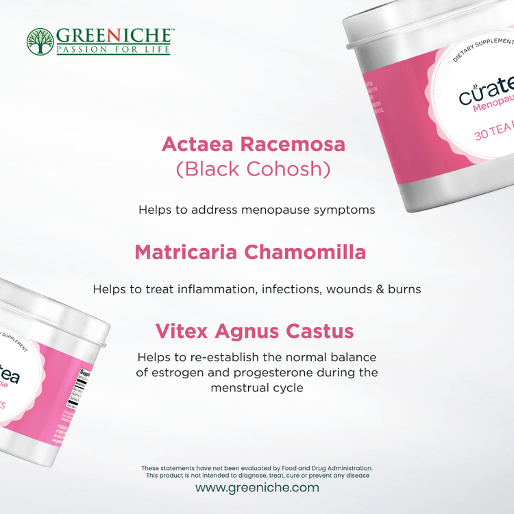 CuraTea Menopause Tea packaging displays benefits of Actaea Racemosa, Matricaria Chamomilla, and Vitex Agnus Castus.