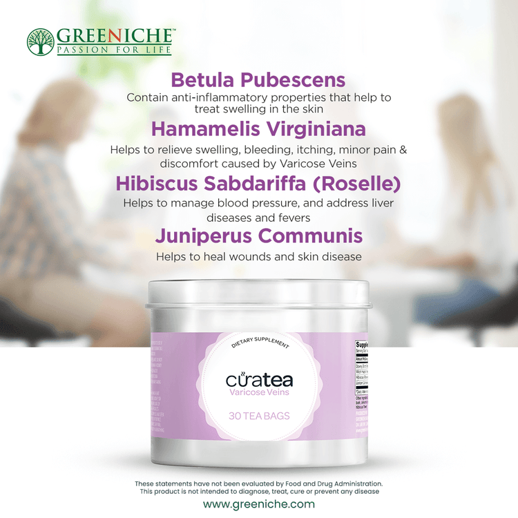 CuraTea Varicose Veins Tea ingredients for improving circulation and reducing discomfort, featuring herbal botanicals for vascular health.