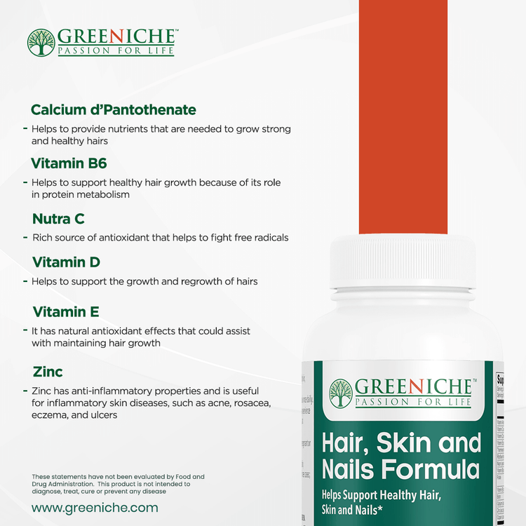 Greeniche Hair Skin and Nails Supplements product label highlighting vitamins and minerals for beauty support.
