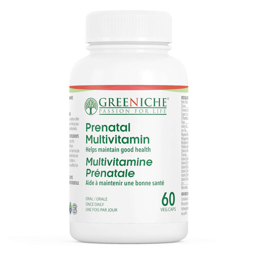 Prenatal Multivitamins bottle from Greeniche, supporting pregnancy and breastfeeding health with 60 veg capsules.