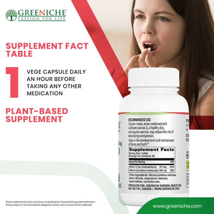 Calcium & Vitamin D plant-based supplement with dosage information and supplement facts table.