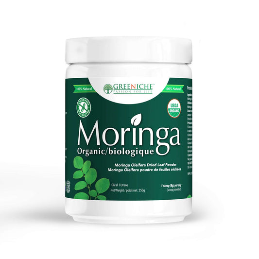 Moringa Powder – Moringa Oleifera Dried Leaf Powder in a white jar from Greeniche, showcasing its organic label.