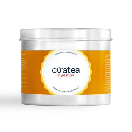 CuraTea Digestion Tea container, a herbal blend in a sleek tin for supporting healthy digestion, featuring 30 tea bags.