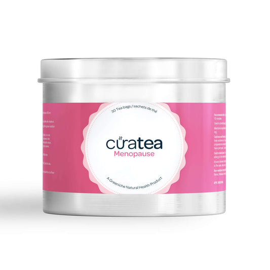 CuraTea Menopause Tea canister featuring 30 tea bags, an herbal blend to support menopause balance.
