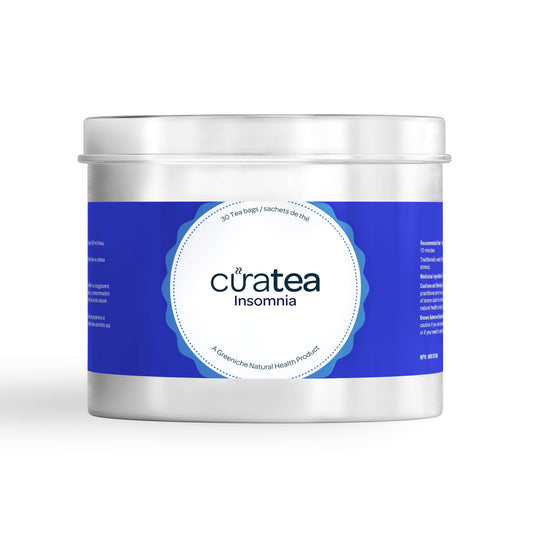 CuraTea Insomnia Tea container featuring 30 tea bags for herbal sleep support and relaxation.