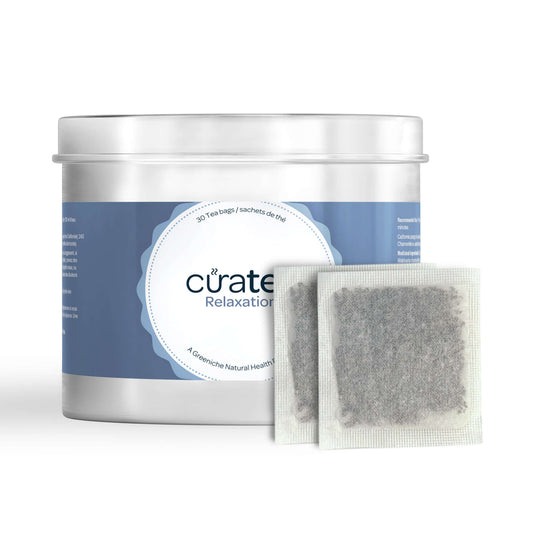 Curatea Relaxation Tea packaging with tea bags displayed, perfect for easing stress and promoting better sleep.