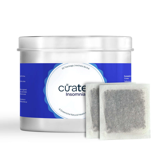 Insomnia tea by CuraTea in a silver tin with tea sachets beside it for herbal sleep support.
