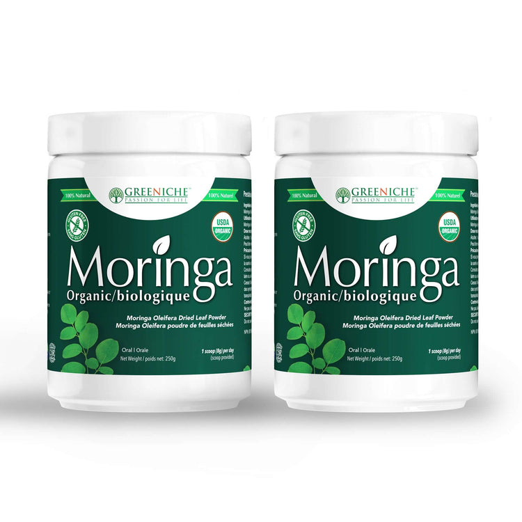 Moringa Powder – Moringa Oleifera Dried Leaf Powder from Greeniche in two containers.