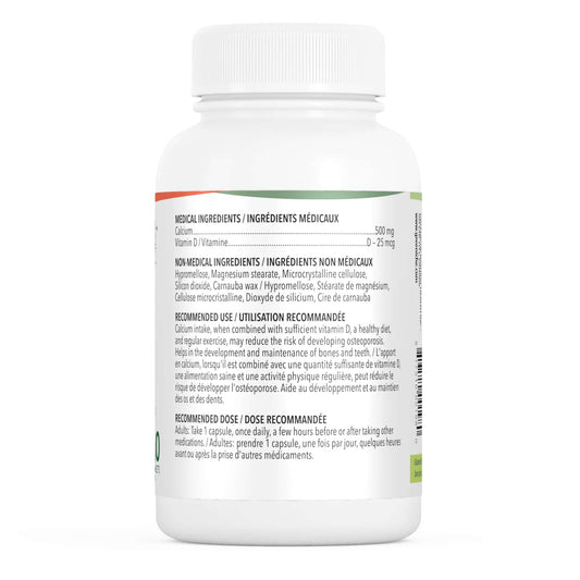 Greeniche Calcium & Vitamin D supplement bottle with medical ingredients and dosage instructions.
