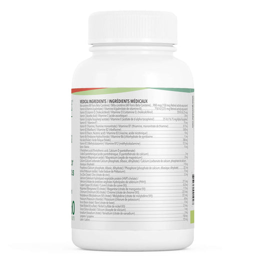 Back label of Greeniche's Halal Certified Multivitamin For Men over 50 showing ingredients and nutritional information.