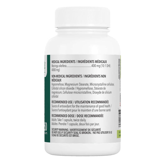 Moringa Oliefera Capsules bottle showcasing ingredients and usage instructions for health benefits.