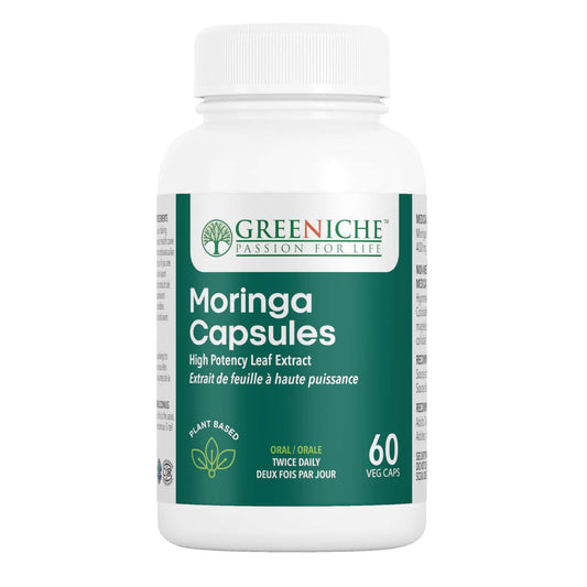 Moringa Oliefera Capsules bottle by Greeniche, high potency leaf extract, 60 veg caps for health support.