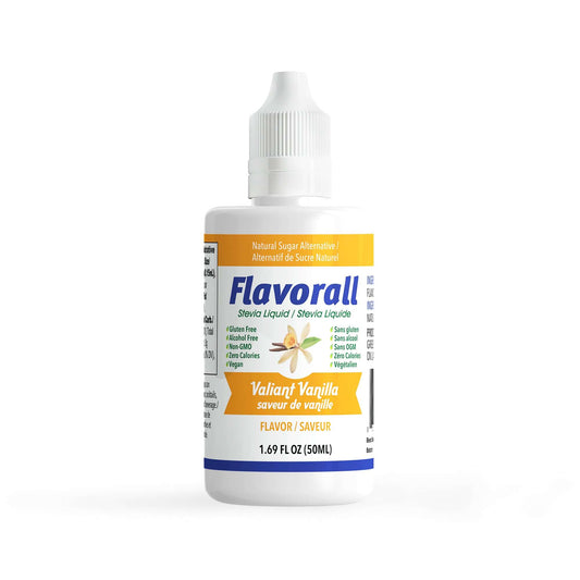 Flavorall Valiant Vanilla liquid sweetener bottle, a sugar free sweetener for healthy desserts like ice cream and cakes.