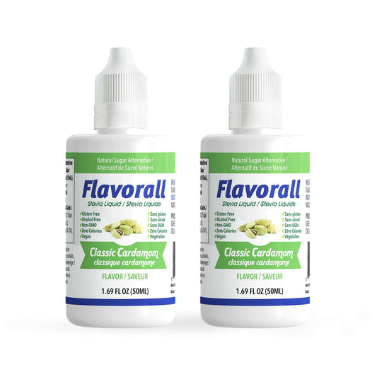 Flavorall Classic Cardamom Sugar Free Sweetener liquid drops in 50 ml bottles, perfect for tea and meals.