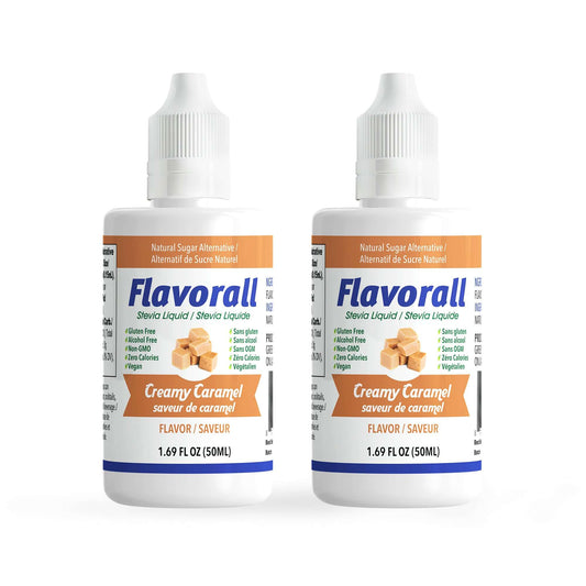Flavorall Creamy Caramel Sugar Free Sweetener liquid drops for enhancing shakes and desserts, pack of two bottles.