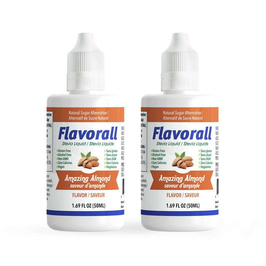 Flavorall Amazing Almond Sugar Free Sweetener liquid drops bottles, 50 ml, perfect for low-calorie, sugar-free recipes.