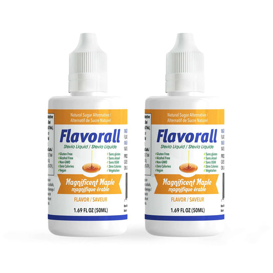 Flavorall Magnificent Maple Sugar Free Sweetener liquid drops in 50ml bottles, perfect for healthy diets and sugar alternatives.