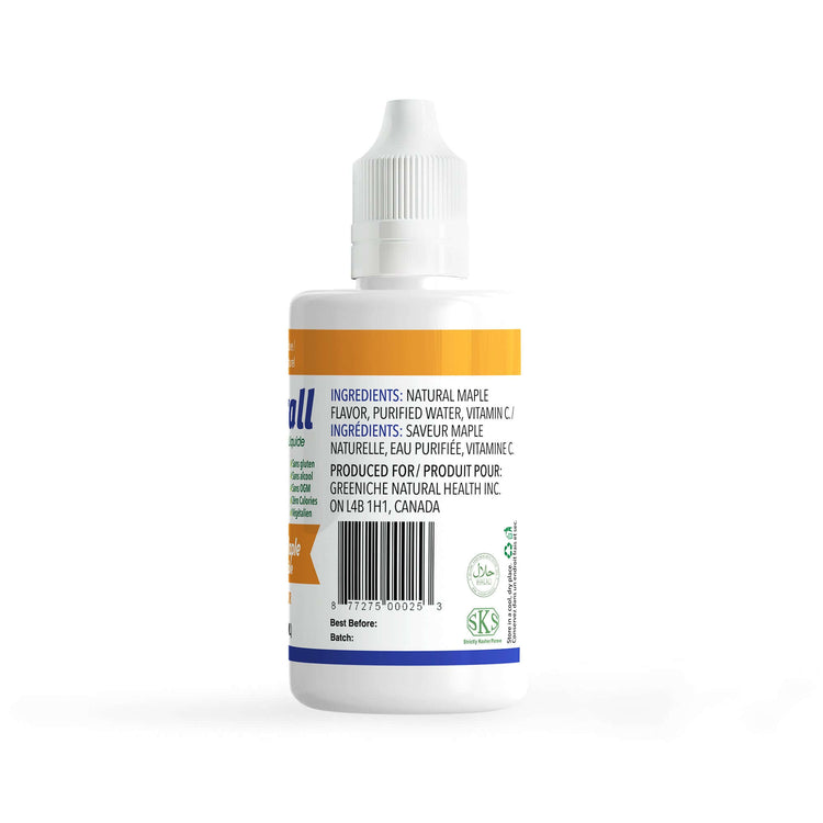 Flavorall Magnificent Maple Sugar Free Sweetener liquid drops bottle with ingredients list on the label.
