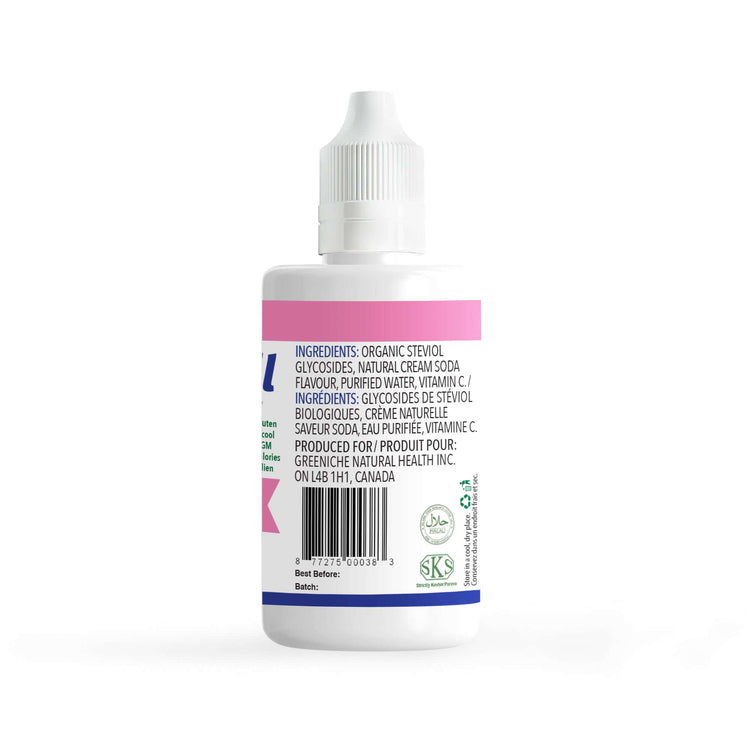 Flavorall Cracking Cream Soda Sugar Free Sweetener bottle with ingredients label and dropper, 50 ml.