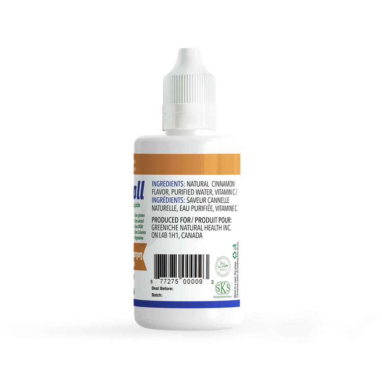 Flavorall Scintillating Cinnamon Sugar Free Sweetener liquid drops bottle with ingredients list.