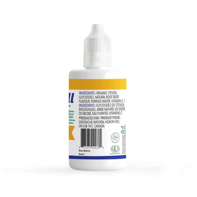 Flavorall Root Beer Relish bottle, a sugar free sweetener alternative with organic steviol ingredients.