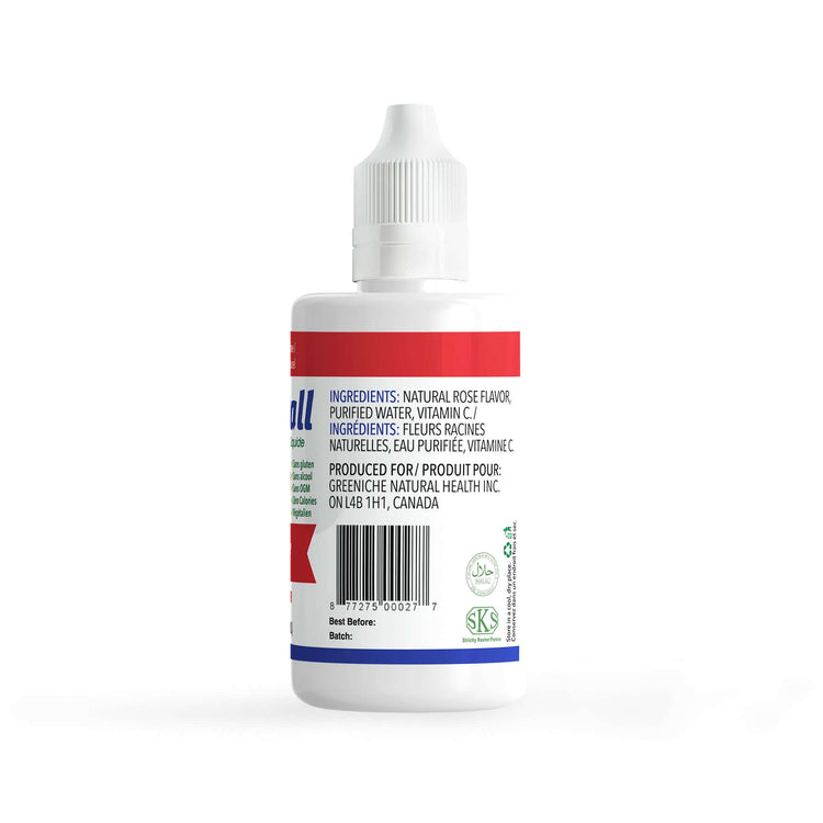 Flavorall Royal Rose Sugar Free Sweetener bottle showcasing ingredients and details in a sleek design.