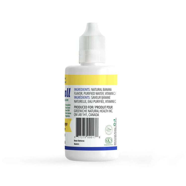 Flavorall Banana Brilliance liquid sweetener bottle, sugar free, all-natural ingredients, healthy sweetening alternative.