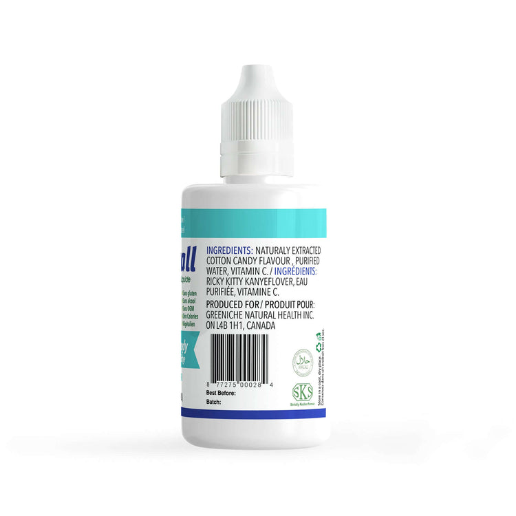 Flavorall - Cool Cotton Candy Sugar Free Sweetener liquid bottle with ingredient list on back.
