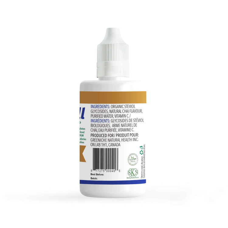 Flavorall Cheerful Chai Sugar Free Sweetener liquid drops bottle with ingredients and details, 50 ml.