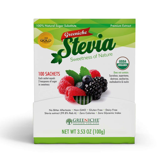 Sugar Free Sweetener – Greeniche Stevia Sachets pack featuring 100 sachets and mixed berries.