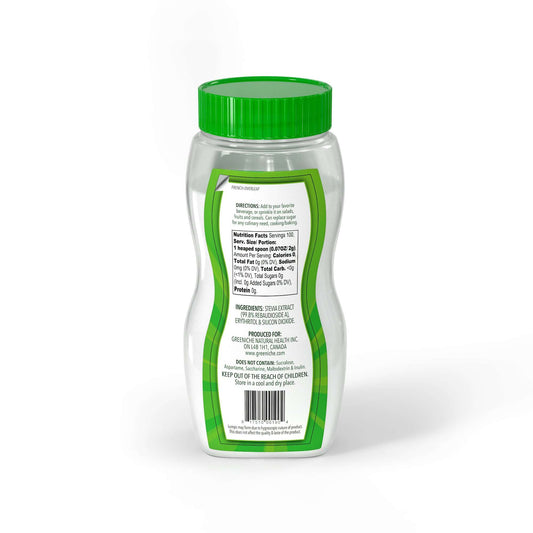 Greeniche Stevia jar featuring a sugar free sweetener label and cooking instructions on the back.