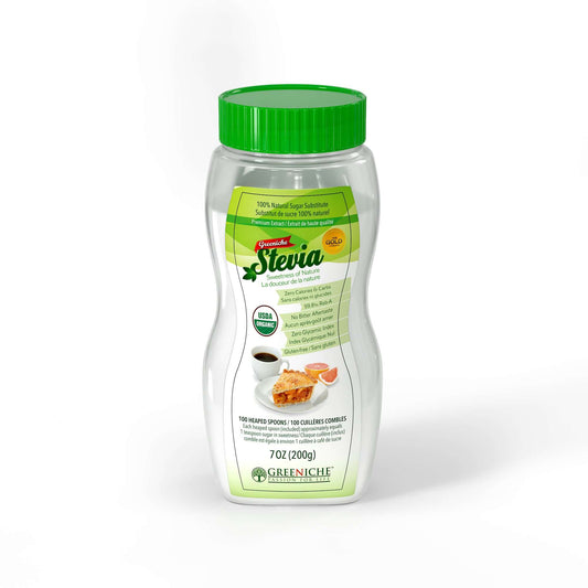Greeniche Stevia Jar, a sugar free sweetener, 100% natural with zero calories and carbs, 7oz packaging.