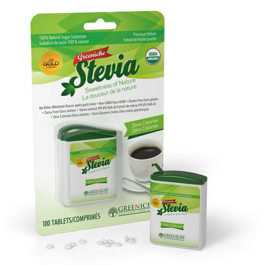 Sugar Free Sweetener - Greeniche Stevia Tablets packaging with 100 tablets and coffee cup.
