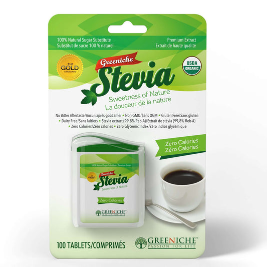 Sugar Free Sweetener – Greeniche Stevia Tablets package with zero calories and natural sweetness.