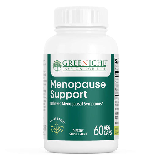 Greeniche Menopause Support supplement bottle designed to relieve menopausal symptoms, featuring halal certified ingredients.