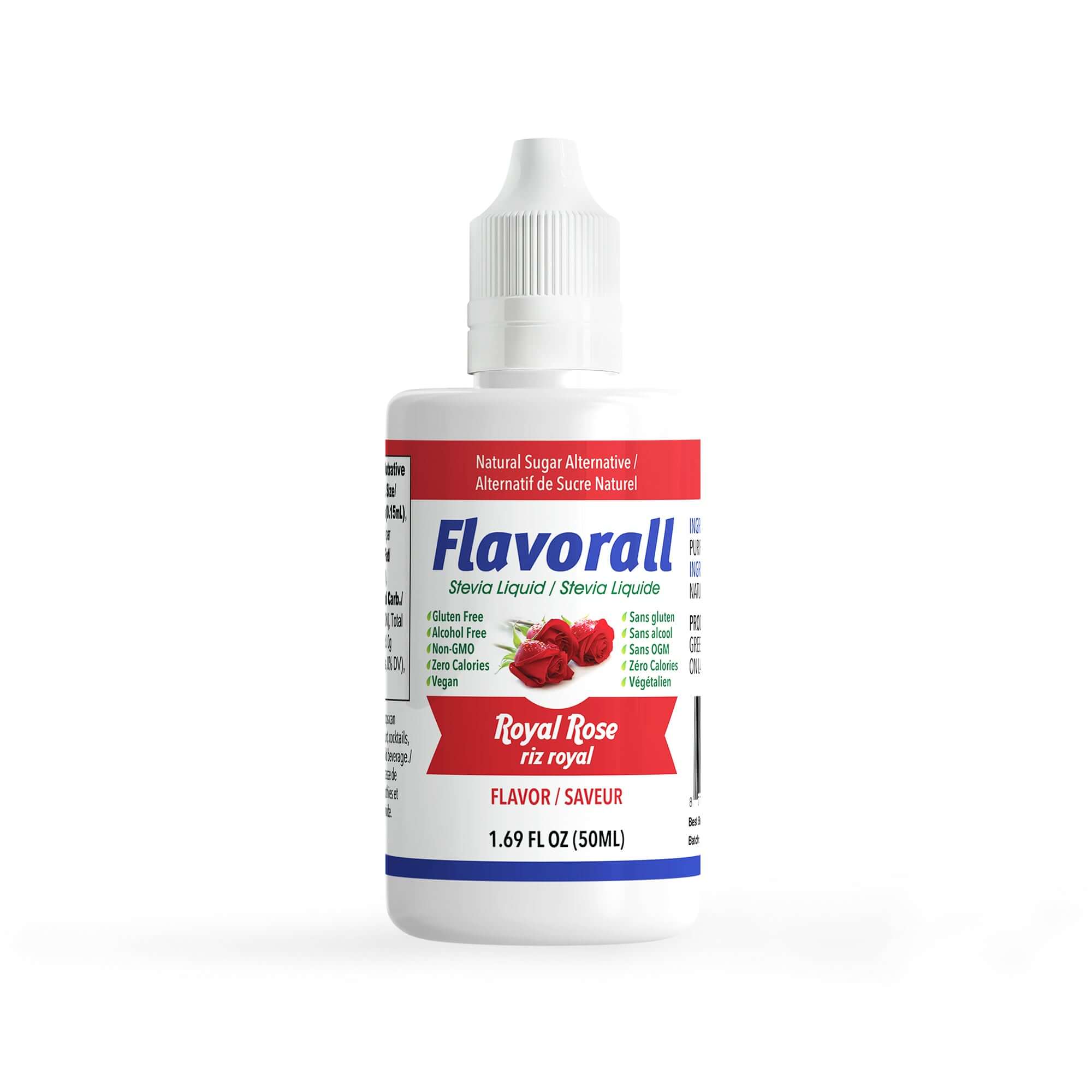 Flavorall Royal Rose Sugar Free Sweetener liquid drops bottle, a premium sugar free sweetener for beverages and desserts.