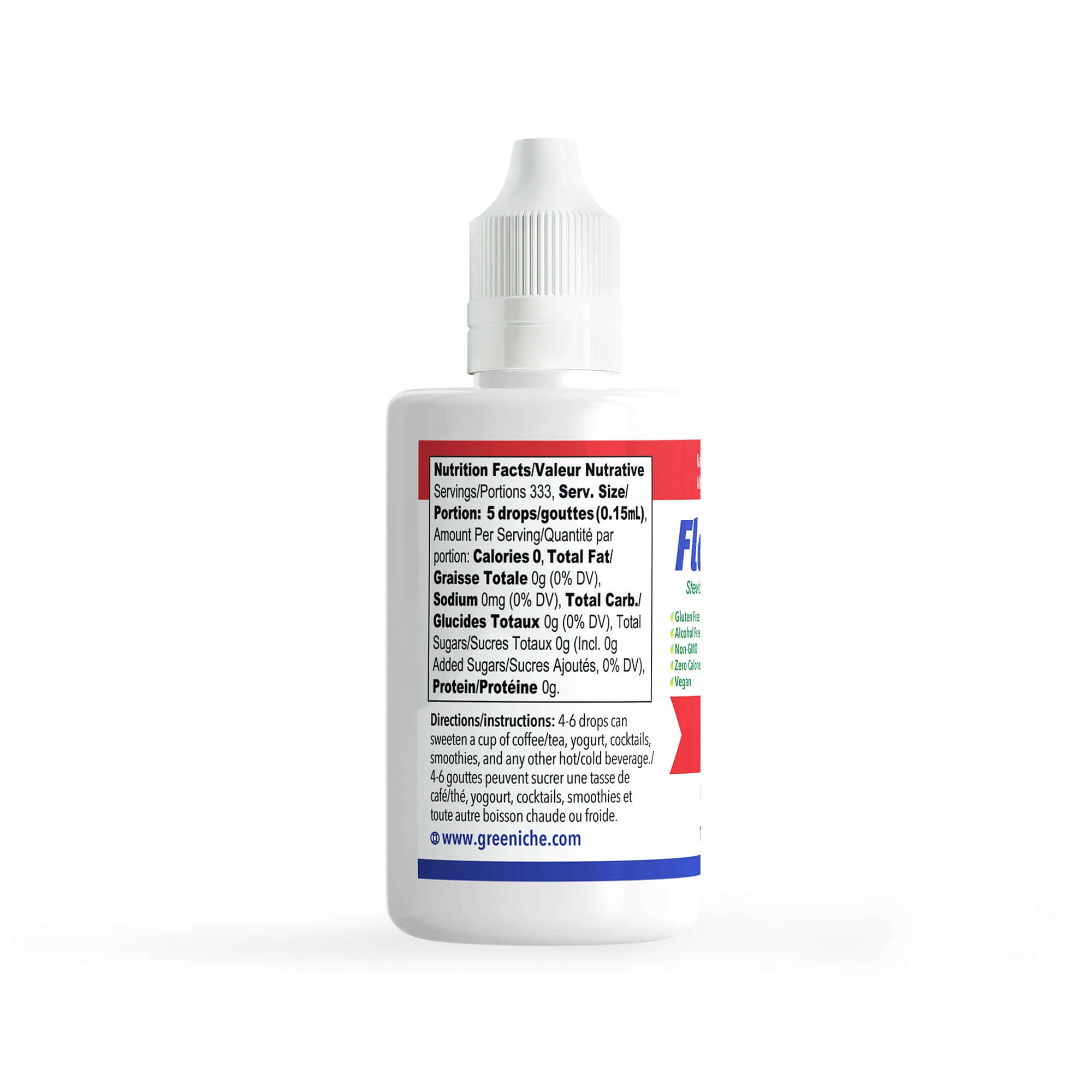 Flavorall Royal Rose Sugar Free Sweetener nutrition facts and serving information on the bottle label.