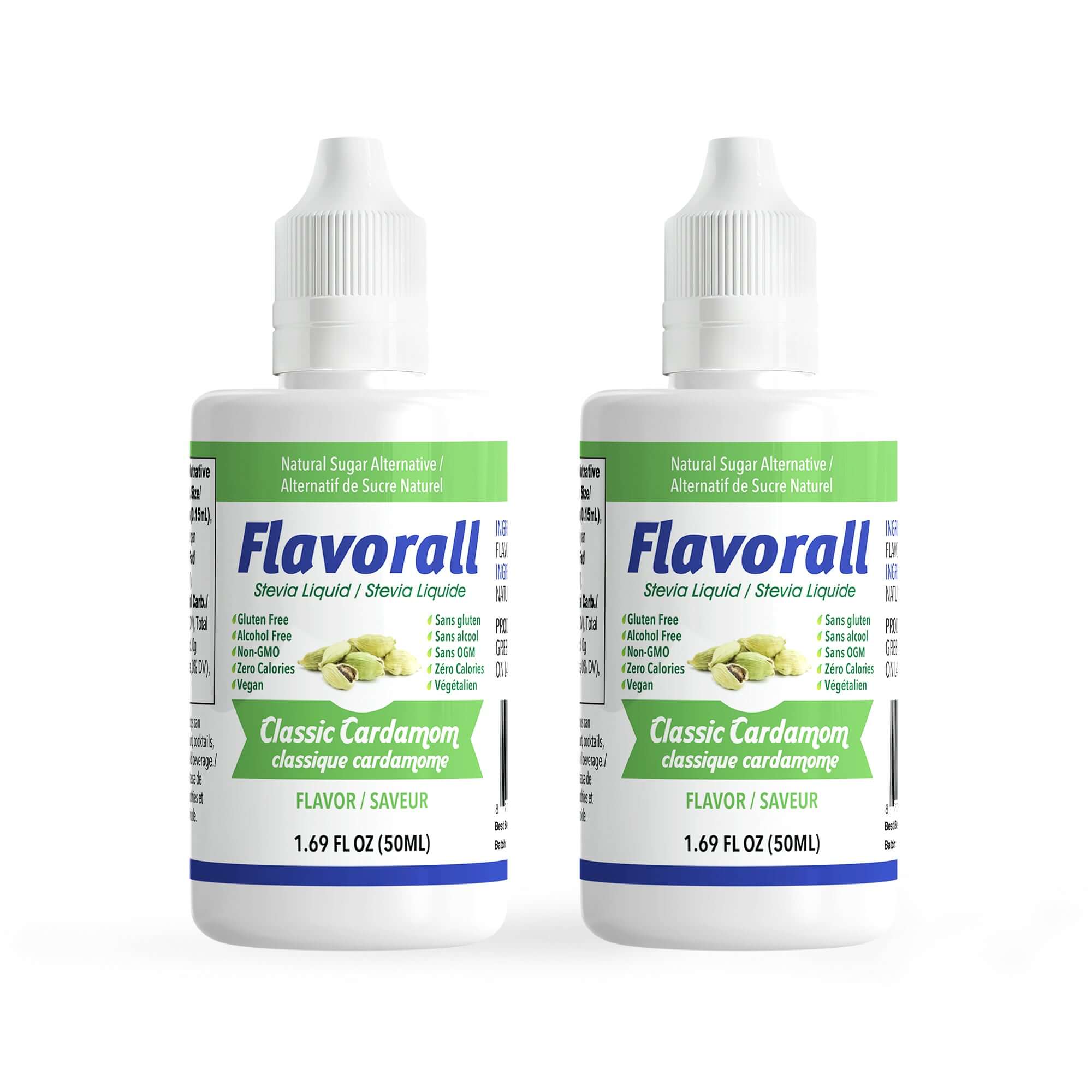 Flavorall Classic Cardamom Sugar Free Sweetener liquid drops in 50 ml bottles, perfect for tea and meals.