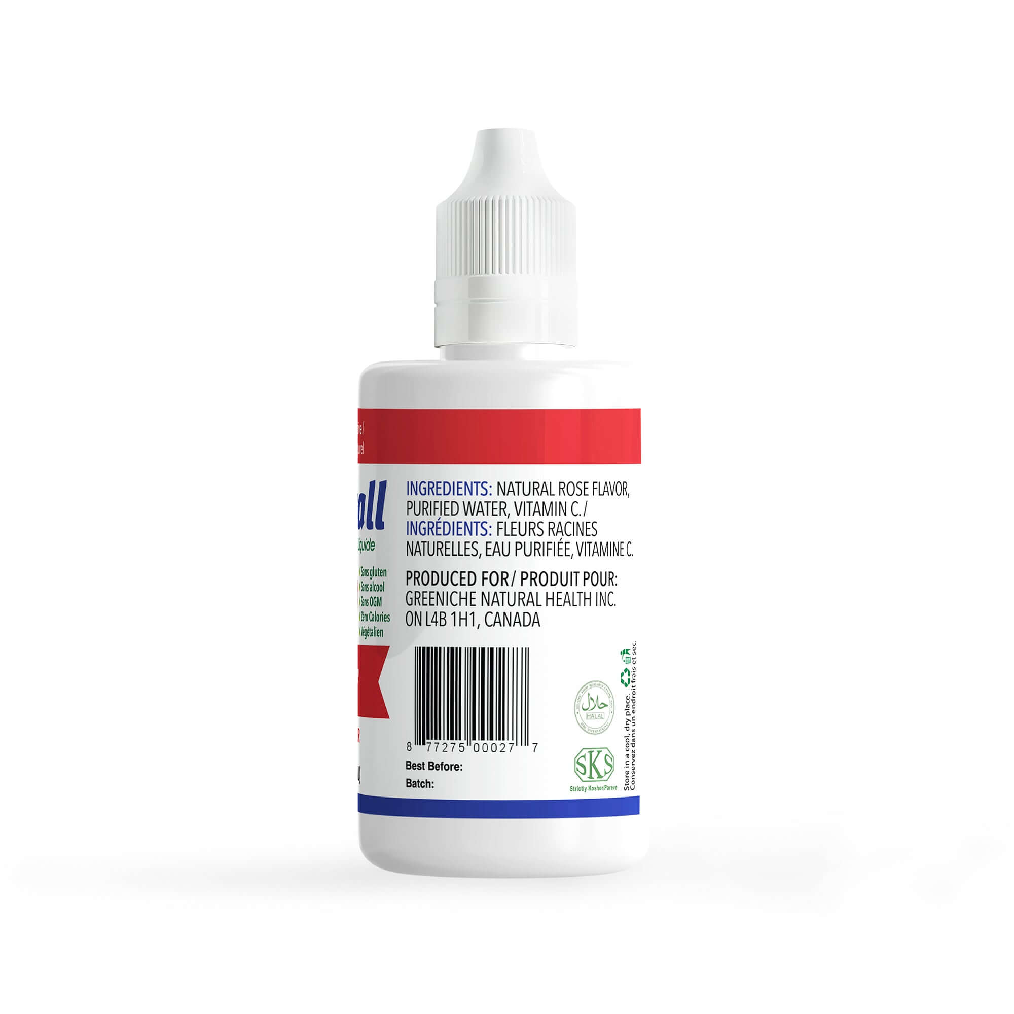 Flavorall Royal Rose Sugar Free Sweetener bottle showcasing ingredients and details in a sleek design.